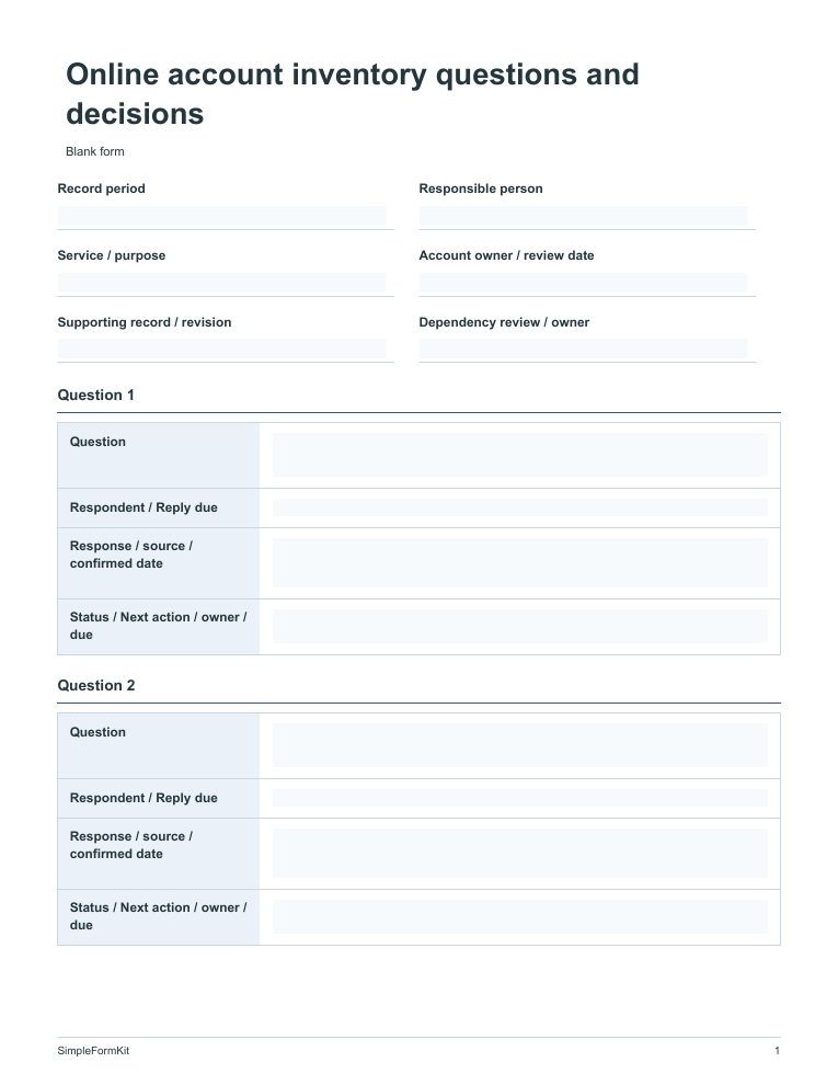 Blank online account inventory questions and decisions template preview