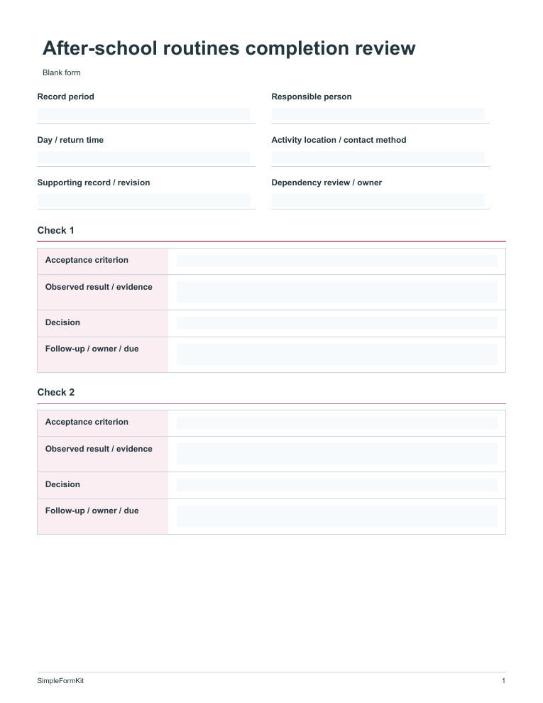 Blank after-school routines completion review template preview