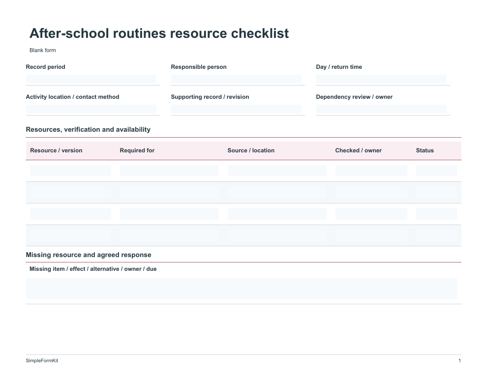 Blank after-school routines resource checklist template preview