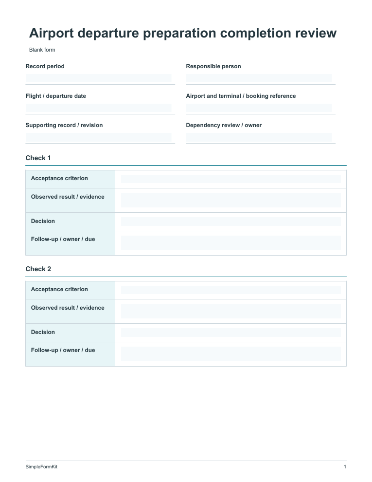 Blank airport departure preparation completion review template preview