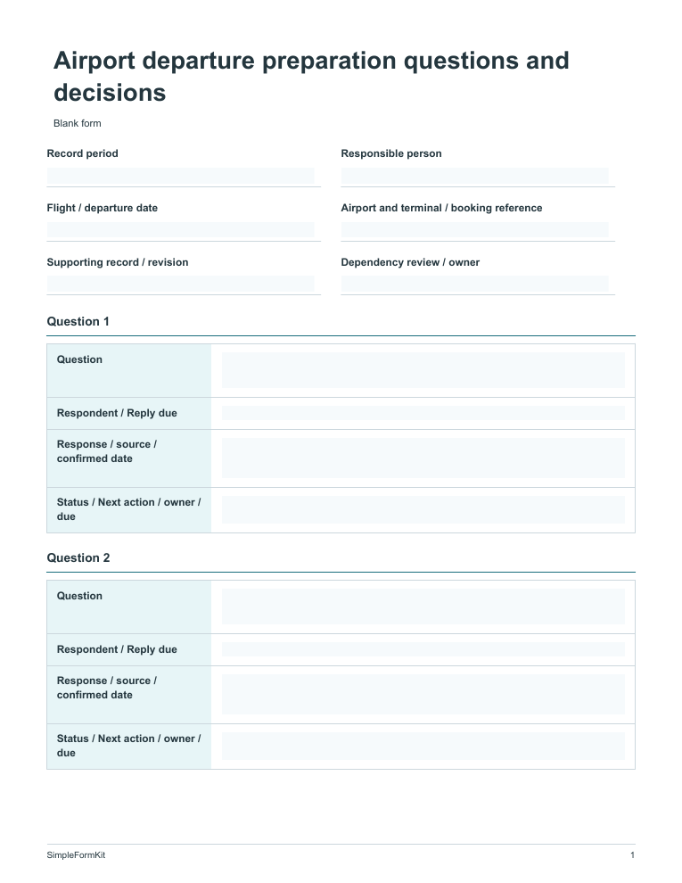 Blank airport departure preparation questions and decisions template preview