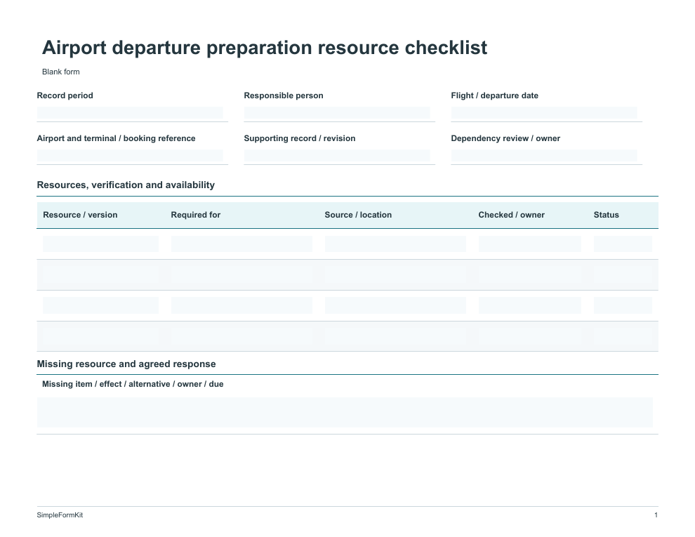 Blank airport departure preparation resource checklist template preview