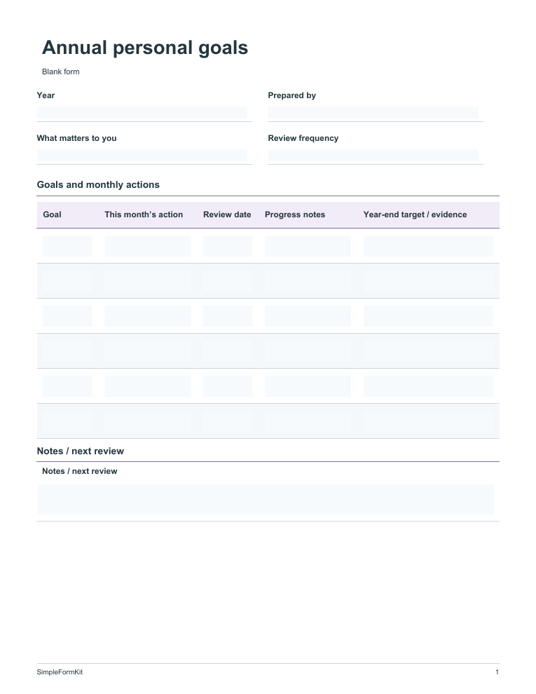 Blank annual personal goals template preview