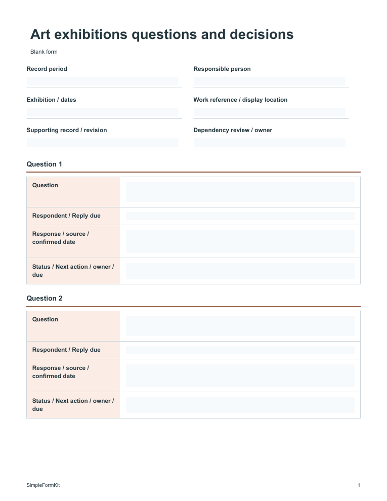 Blank art exhibitions questions and decisions template preview