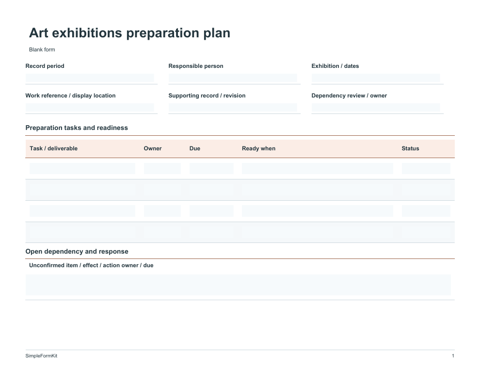 Blank art exhibitions preparation plan template preview