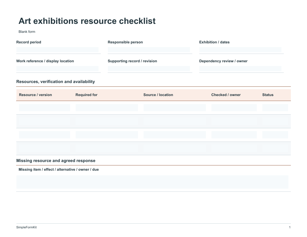 Blank art exhibitions resource checklist template preview