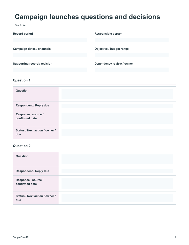 Blank campaign launches questions and decisions template preview