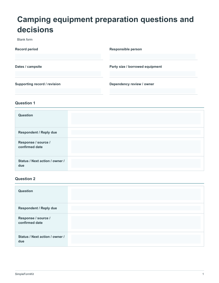 Blank camping equipment preparation questions and decisions template preview