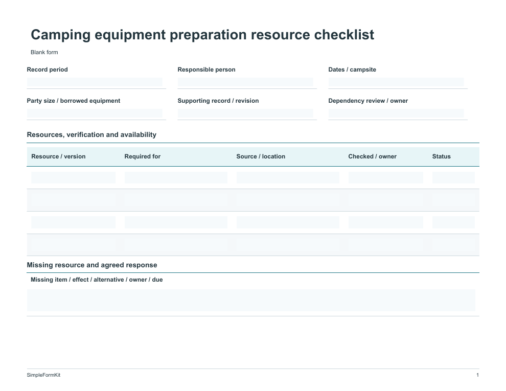 Blank camping equipment preparation resource checklist template preview