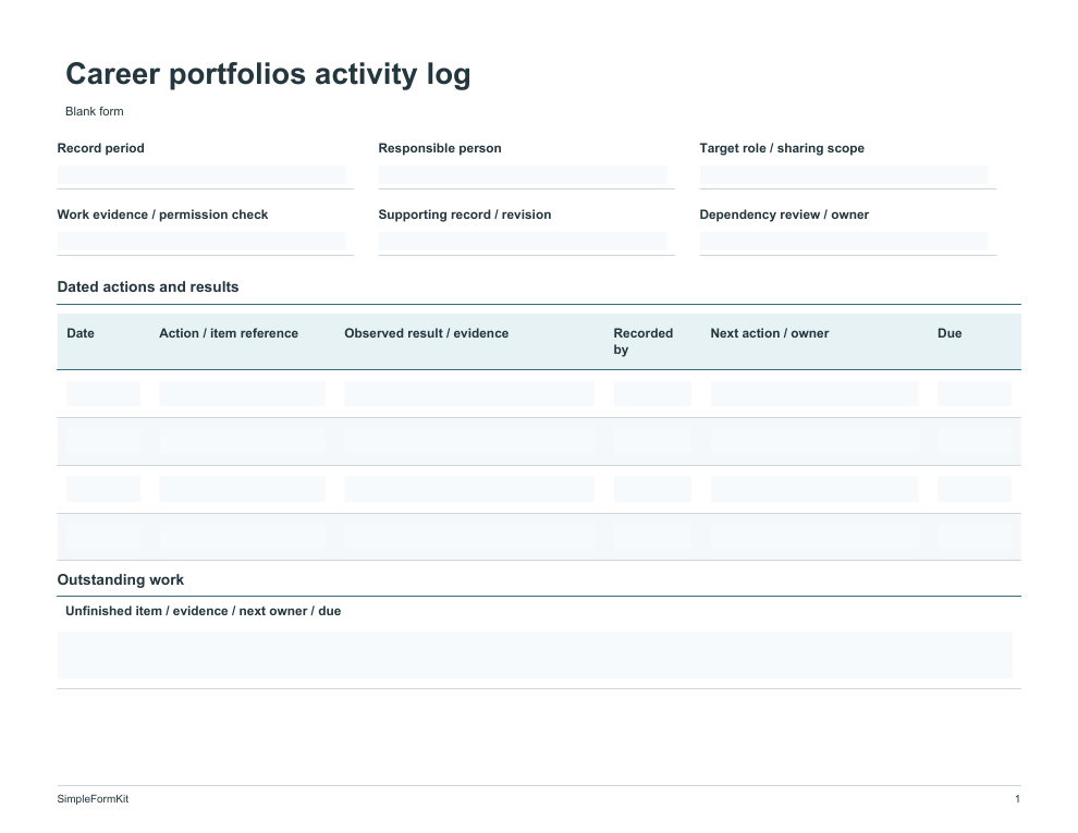 Blank career portfolios activity log template preview