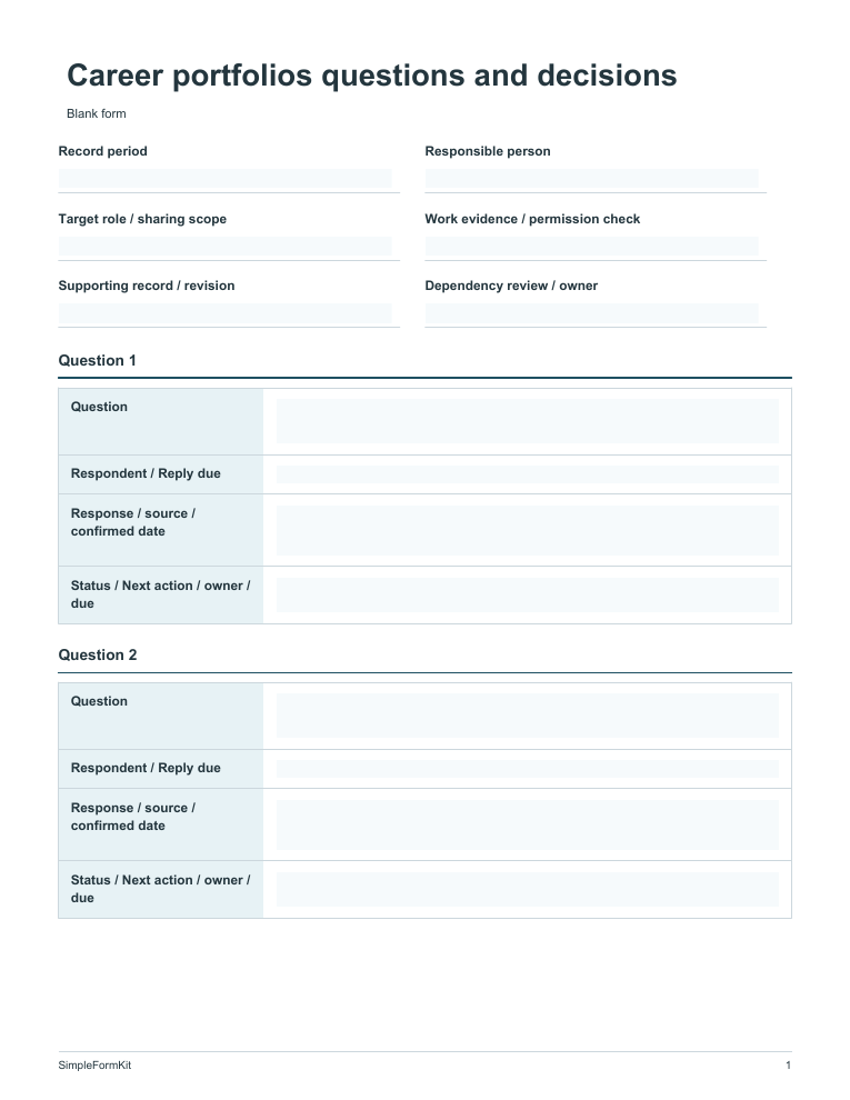 Blank career portfolios questions and decisions template preview