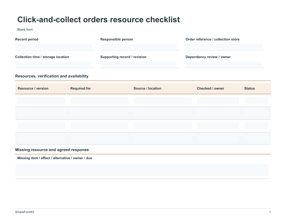 Blank click-and-collect orders resource checklist template preview
