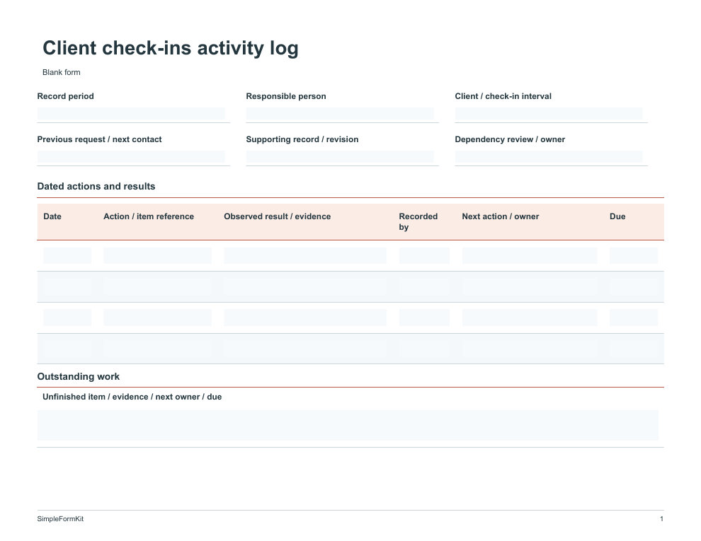 Blank client check-ins activity log template preview