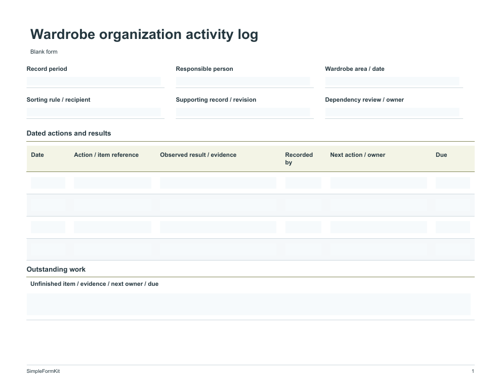 Blank wardrobe organization activity log template preview