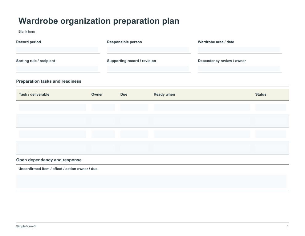 Blank wardrobe organization preparation plan template preview