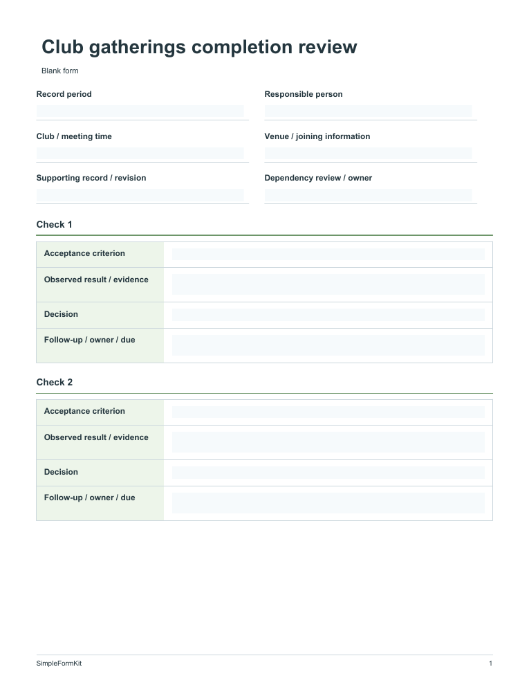 Blank club gatherings completion review template preview