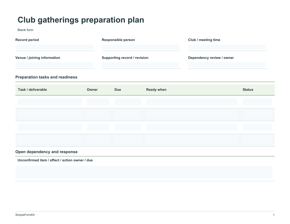 Blank club gatherings preparation plan template preview