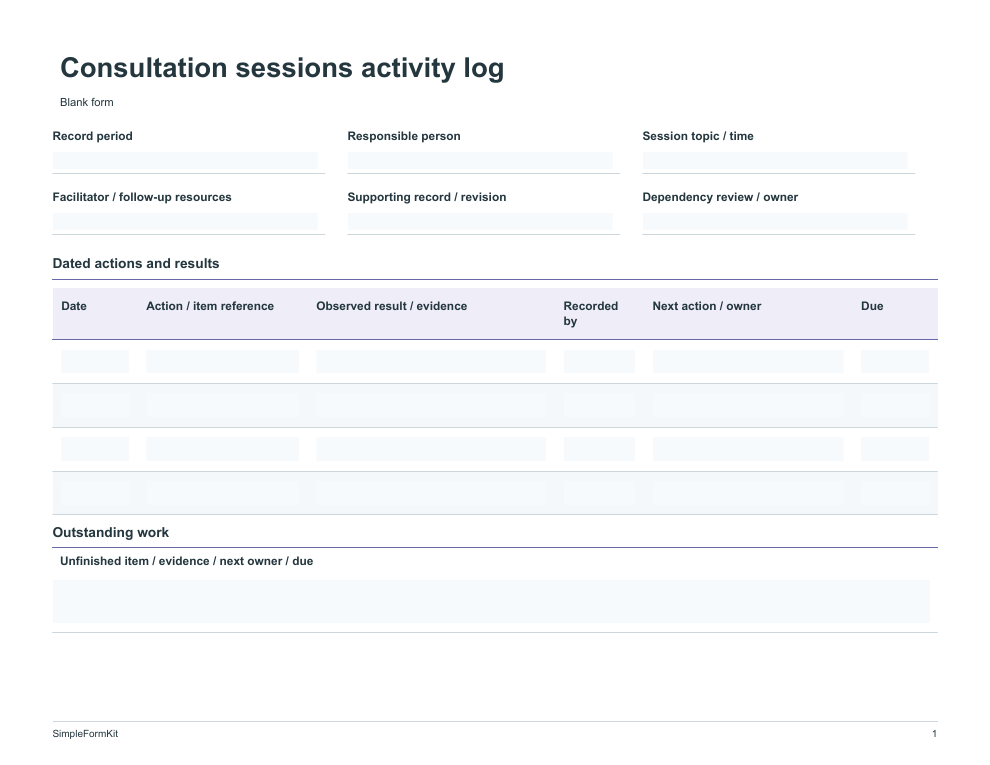 Blank consultation sessions activity log template preview