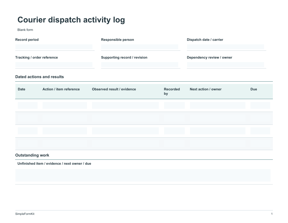Blank courier dispatch activity log template preview