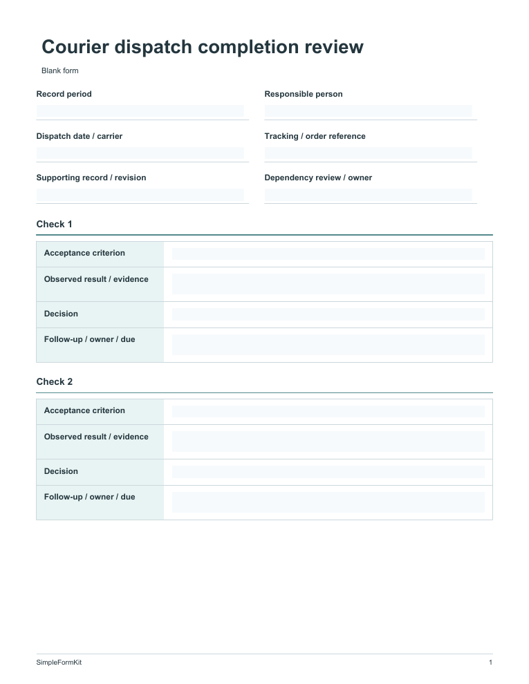 Blank courier dispatch completion review template preview