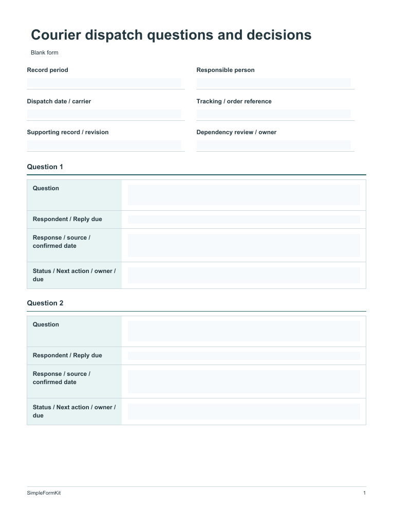 Blank courier dispatch questions and decisions template preview