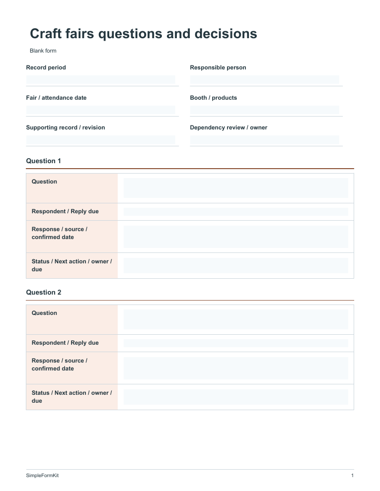 Blank craft fairs questions and decisions template preview