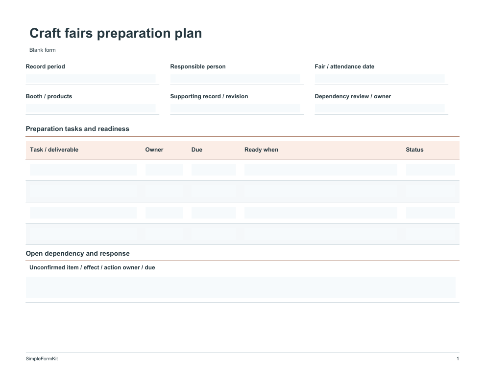 Blank craft fairs preparation plan template preview