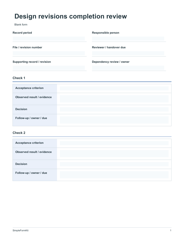 Blank design revisions completion review template preview