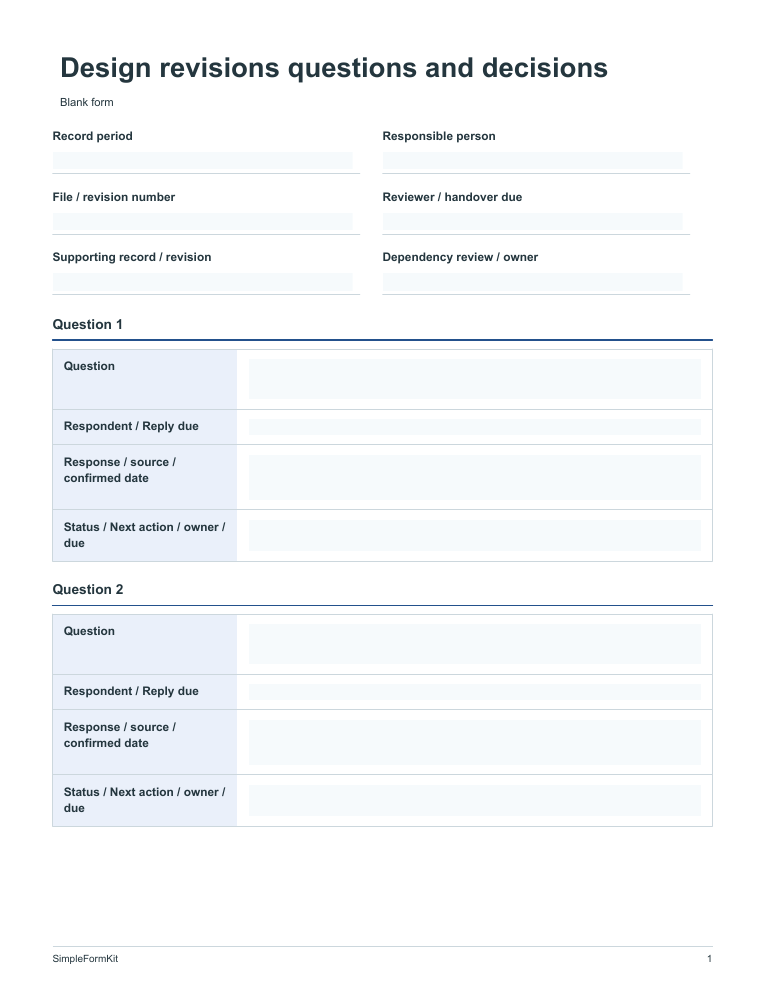 Blank design revisions questions and decisions template preview