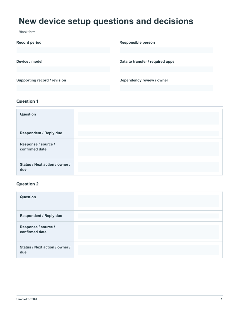 Blank new device setup questions and decisions template preview