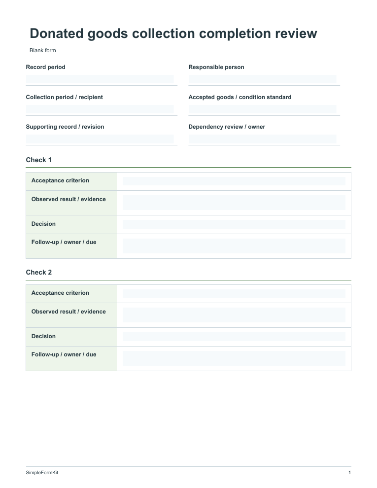 Blank donated goods collection completion review template preview