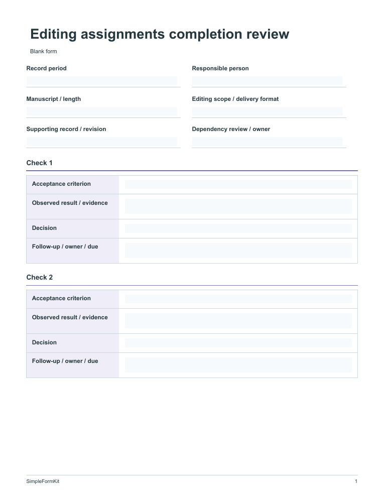 Blank editing assignments completion review template preview