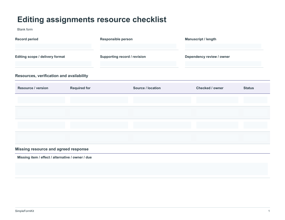 Blank editing assignments resource checklist template preview
