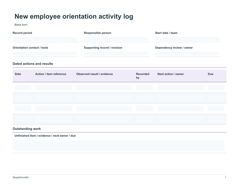 Blank new employee orientation activity log template preview