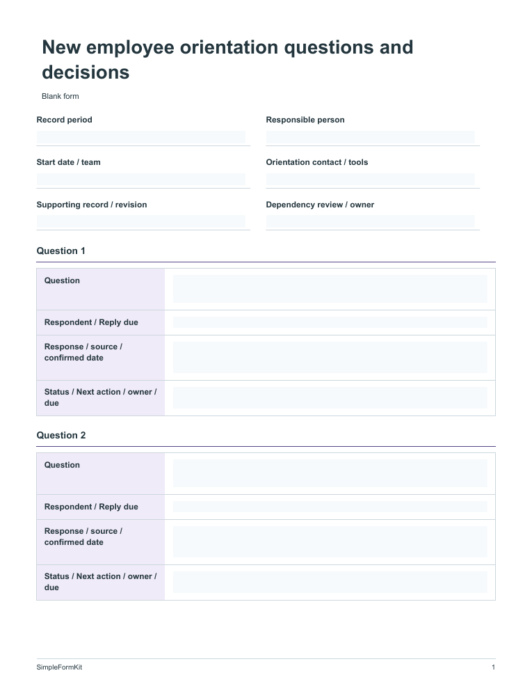 Blank new employee orientation questions and decisions template preview