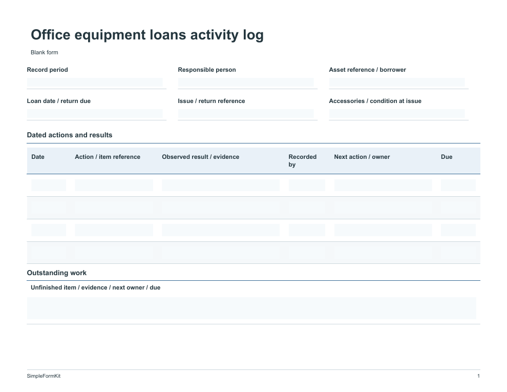 Blank office equipment loans activity log template preview