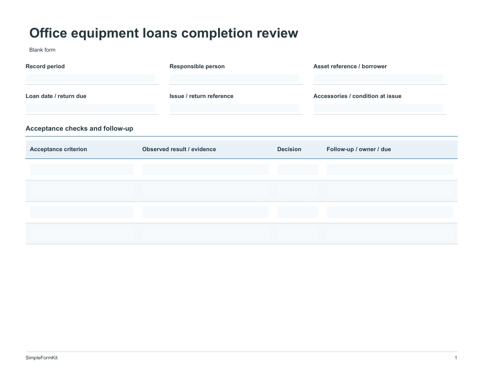 Blank office equipment loans completion review template preview