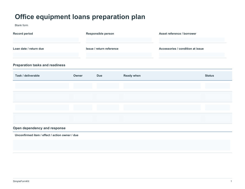 Blank office equipment loans preparation plan template preview