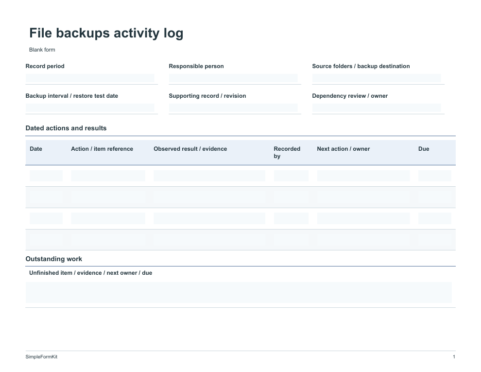 Blank file backups activity log template preview