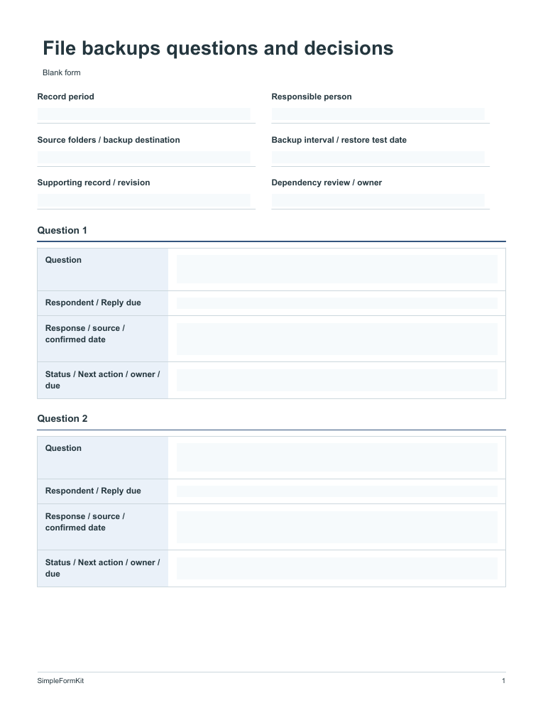 Blank file backups questions and decisions template preview