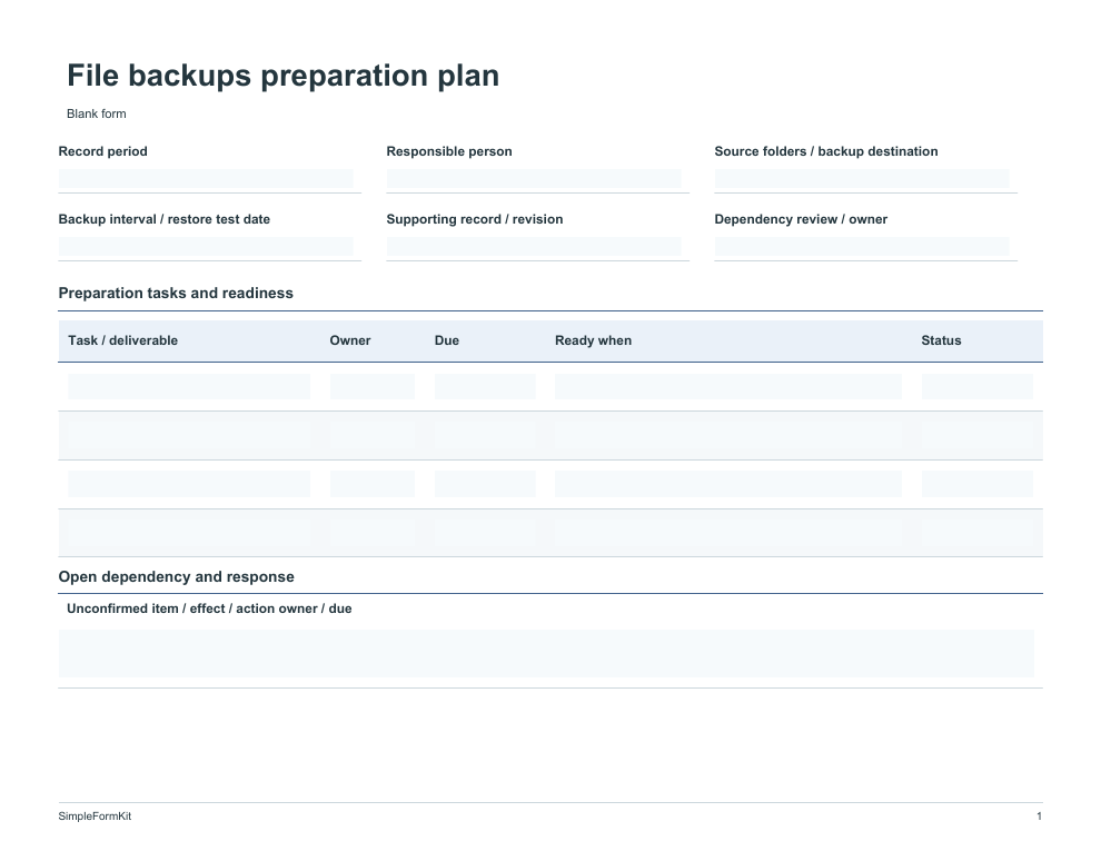 Blank file backups preparation plan template preview