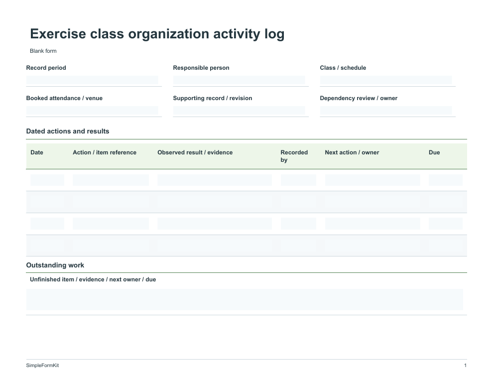 Blank exercise class organization activity log template preview