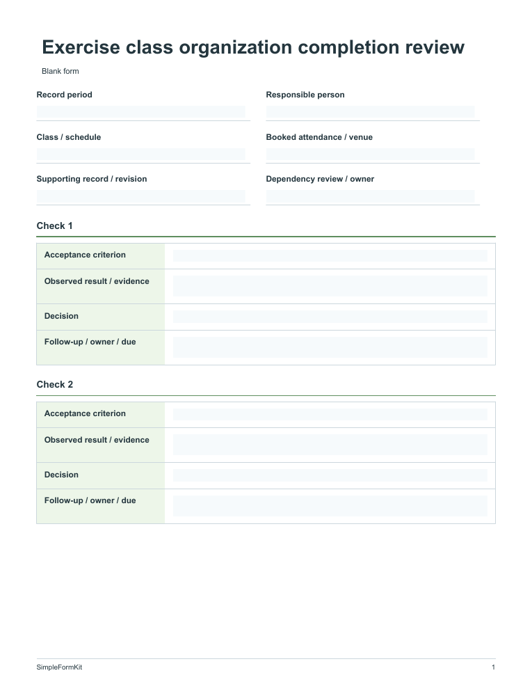 Blank exercise class organization completion review template preview