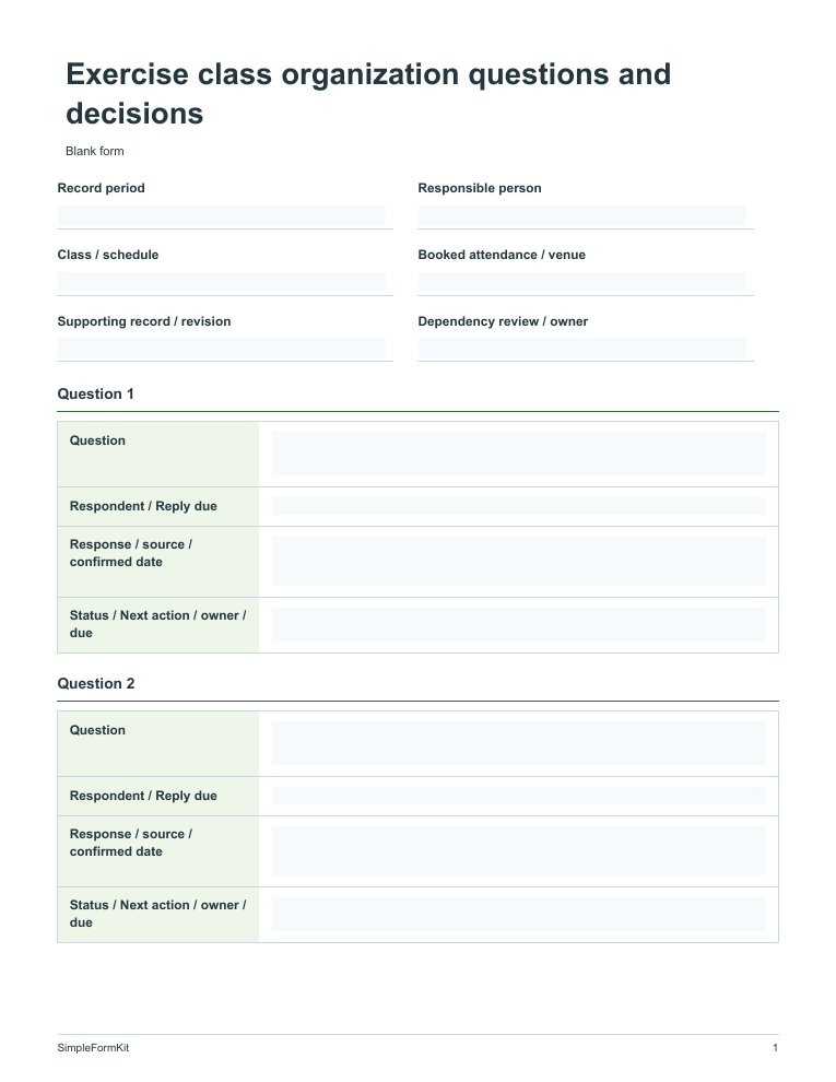 Blank exercise class organization questions and decisions template preview