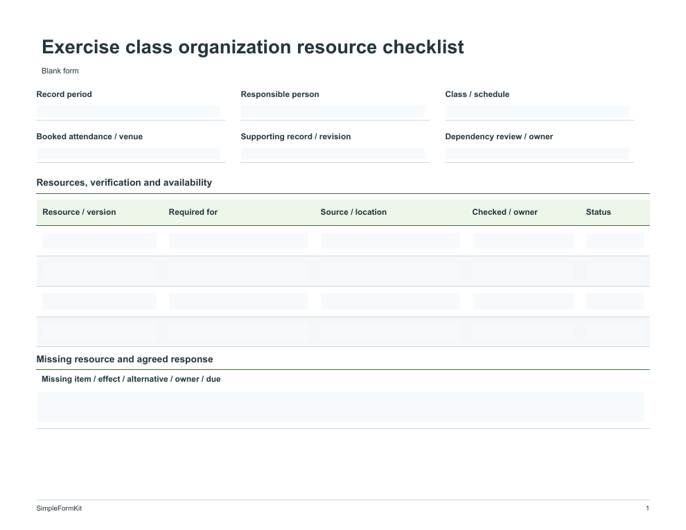 Blank exercise class organization resource checklist template preview