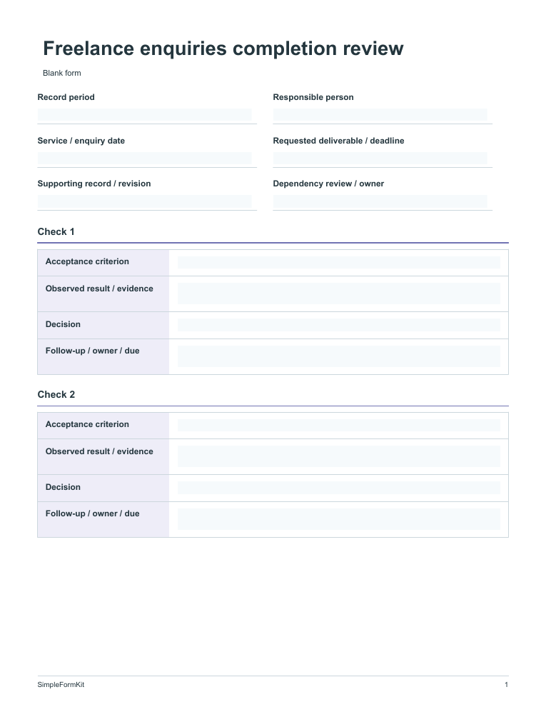 Blank freelance enquiries completion review template preview