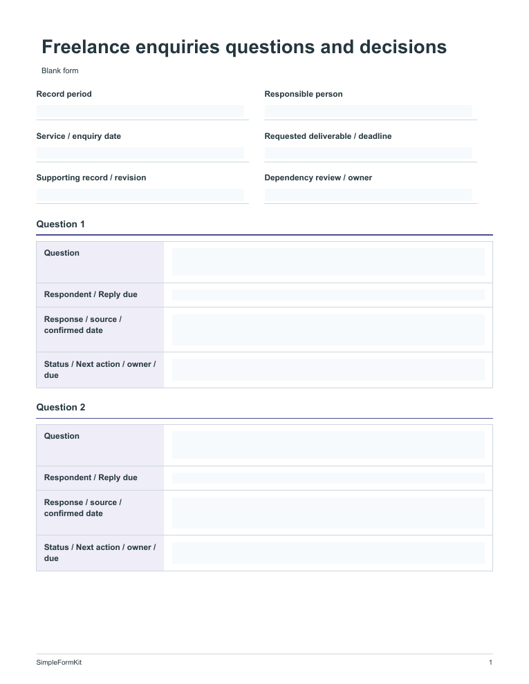 Blank freelance enquiries questions and decisions template preview
