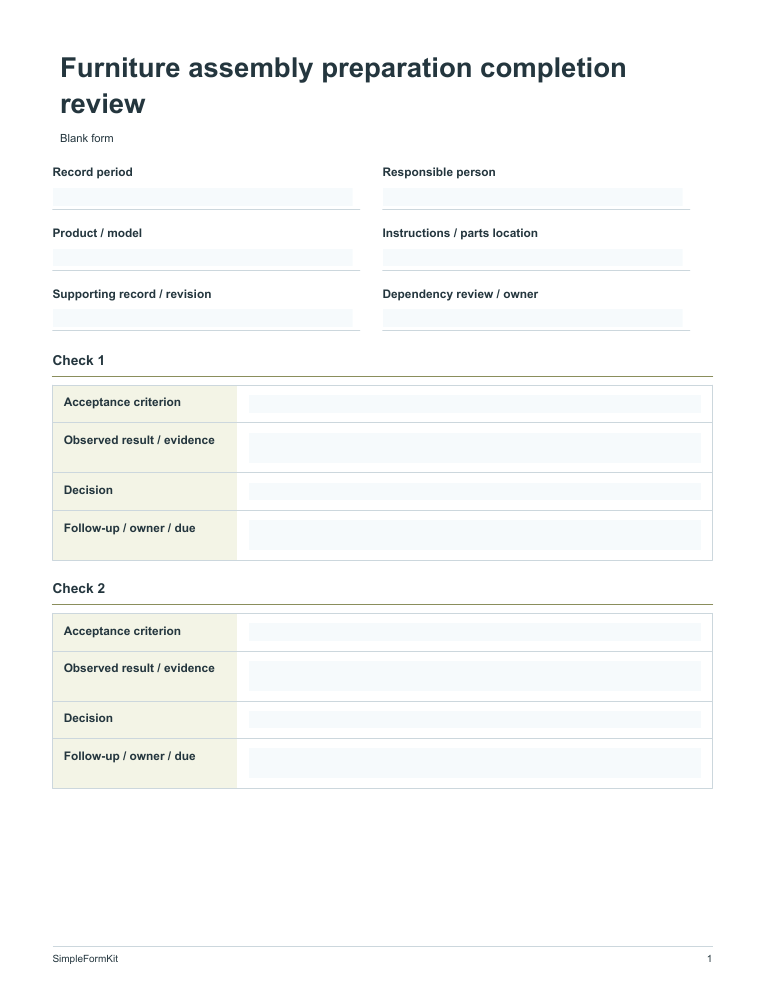 Blank furniture assembly preparation completion review template preview