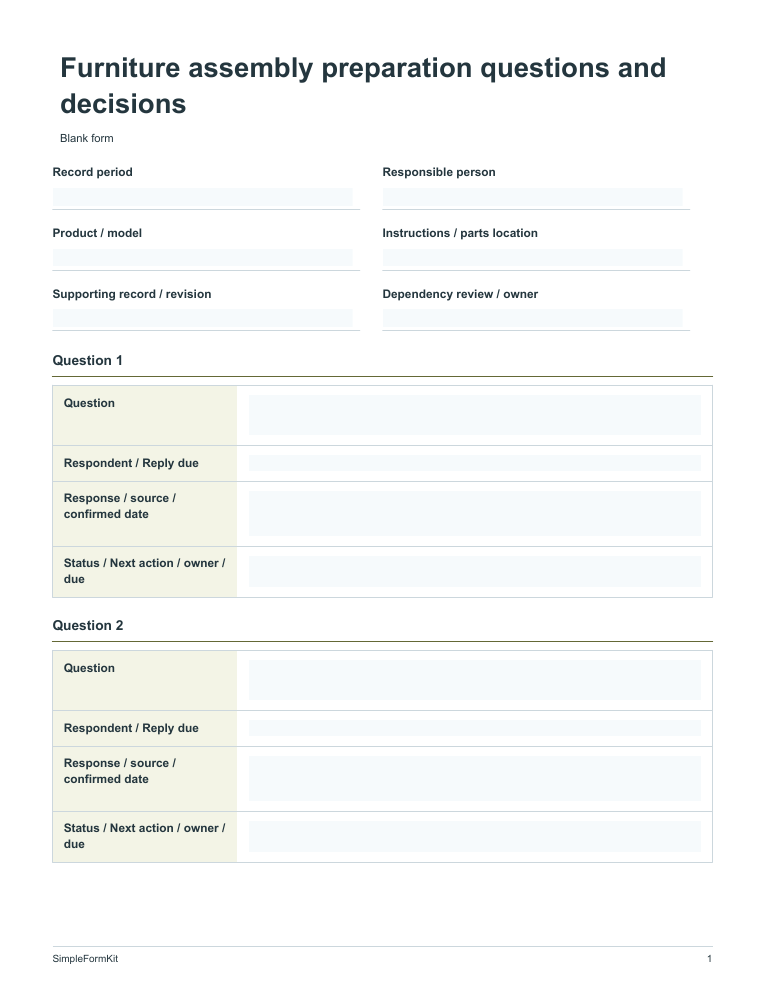 Blank furniture assembly preparation questions and decisions template preview
