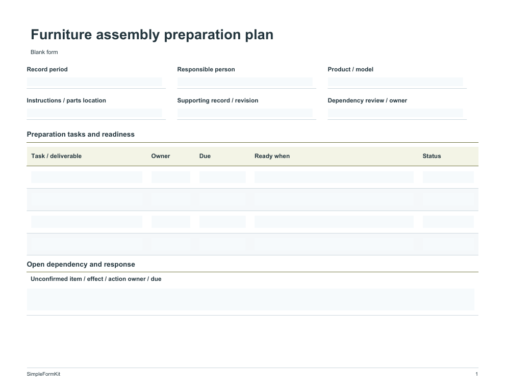 Blank furniture assembly preparation plan template preview